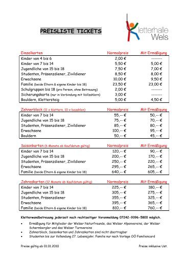 PREISLISTE TICKETS - Welser Turnverein 1862