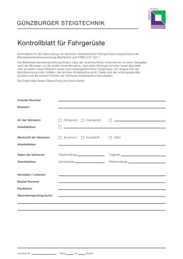 Kontrollblatt für Fahrgerüste - Günzburger Steigtechnik GmbH