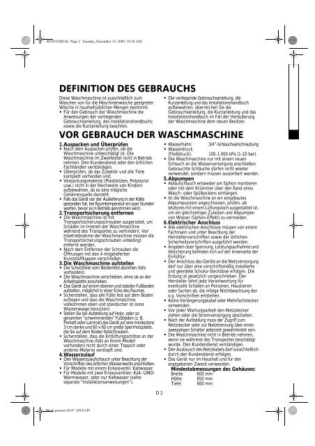 inhalt definition des gebrauchs vor gebrauch der waschmaschine ...