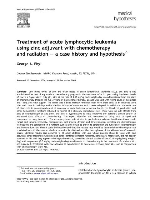 Treatment of acute lymphocytic leukemia using zinc adjuvant with ...
