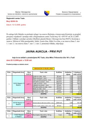 javna aukcija - Uprava za indirektno/neizravno oporezivanje BiH