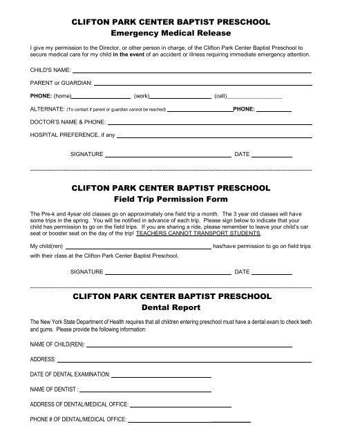 Preschool Release Forms In One 2009 10 Pdf Clifton Park