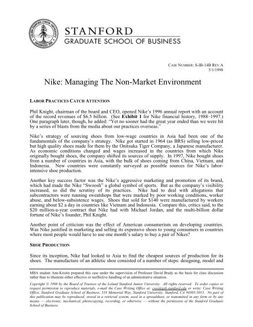 Nike: Managing The Non-Market Environment - Stanford GSB ...