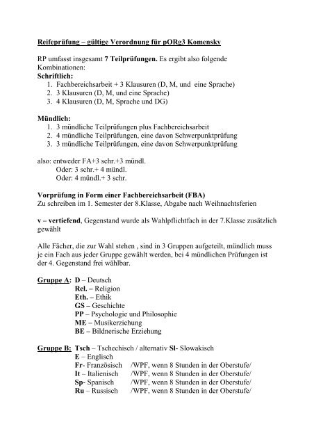 Maturaverordnung 2007 - ORG Komensky