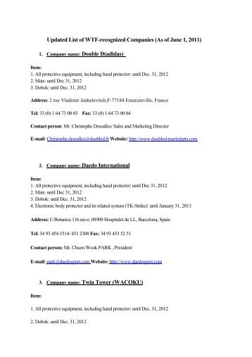 Updated List of WTF-recognized Companies - WTF Taekwondo ...
