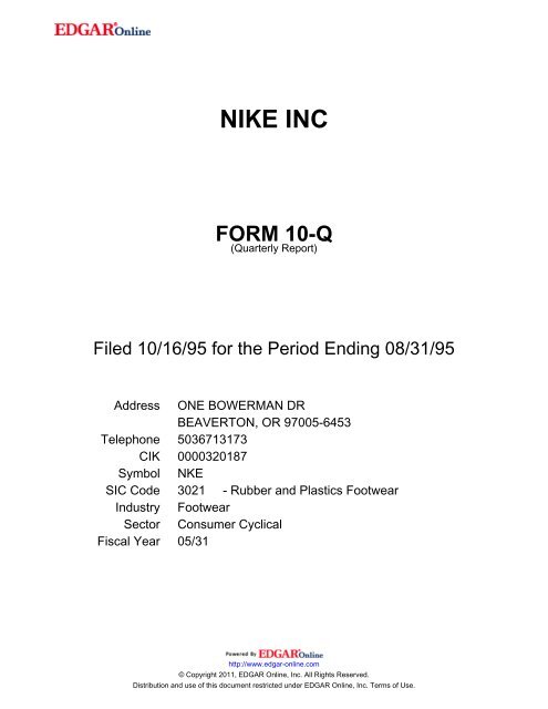 NIKE INC FORM 10-Q