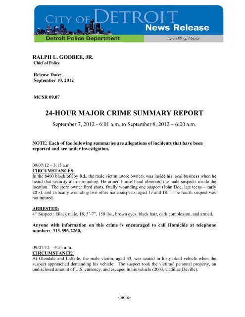 24-HOUR MAJOR CRIME SUMMARY REPORT