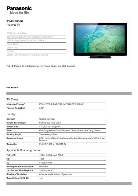 TX-P42U30B Plasma TV TV Tuner Display Applicable Scanning ...