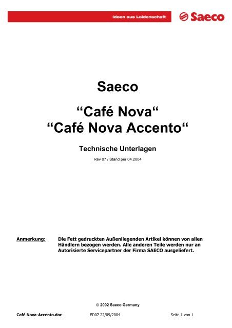 Saeco “Café Nova“ “Café Nova Accento“ - Kaffeevollautomaten.org