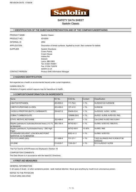 SAFETY DATA SHEET Sadolin Classic - Decorating Warehouse