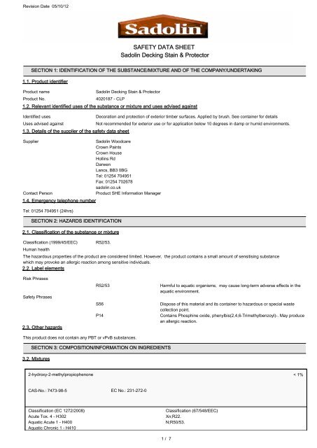 SAFETY DATA SHEET Sadolin Decking Stain & Protector