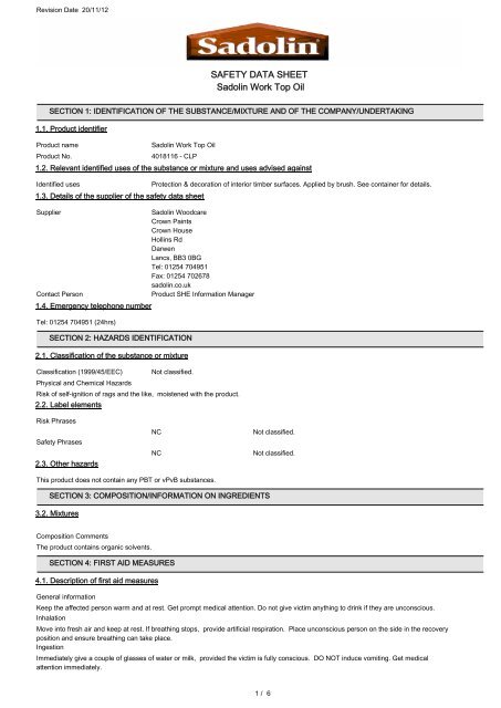 SAFETY DATA SHEET Sadolin Work Top Oil