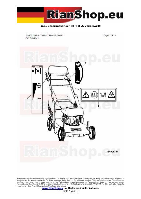 Sabo Benzinmäher 52-152 H M. A. Vario SA210 www.RianShop.eu ...