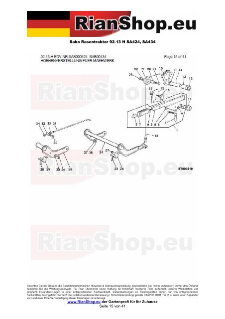 Sabo Rasentraktor 92-13 H SA424, SA434 www.RianShop.eu der ...