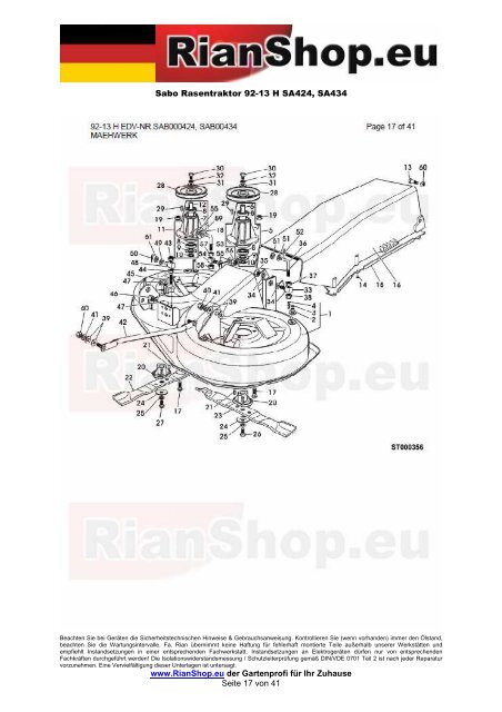 Sabo Rasentraktor 92-13 H SA424, SA434 www.RianShop.eu der ...