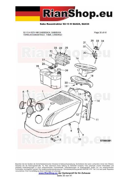 Sabo Rasentraktor 92-13 H SA424, SA434 www.RianShop.eu der ...