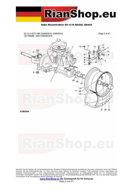 Sabo Rasentraktor 92-13 H SA424, SA434 www.RianShop.eu der ...