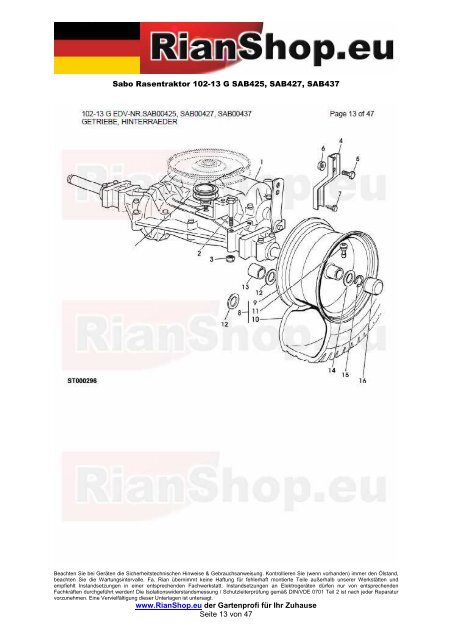 Sabo Rasentraktor 102-13 G SAB425, SAB427, SAB437 www ...