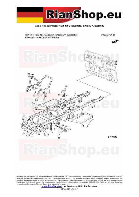 Sabo Rasentraktor 102-13 G SAB425, SAB427, SAB437 www ...