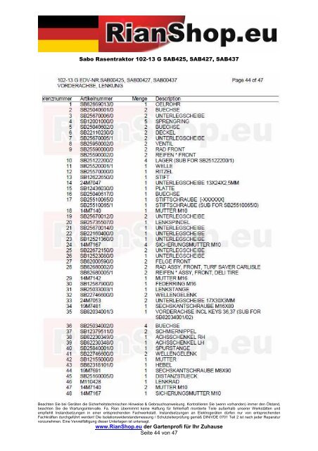 Sabo Rasentraktor 102-13 G SAB425, SAB427, SAB437 www ...