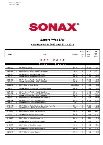 Export Price List - Sonax