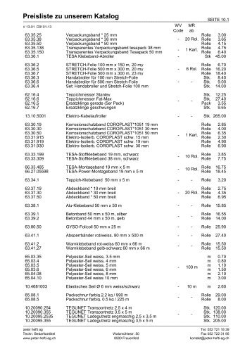 Preisliste zu unserem Katalog - Peter Hefti AG