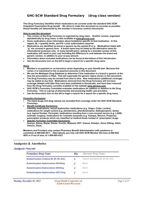 GHC-SCW Formulary by Drug Class