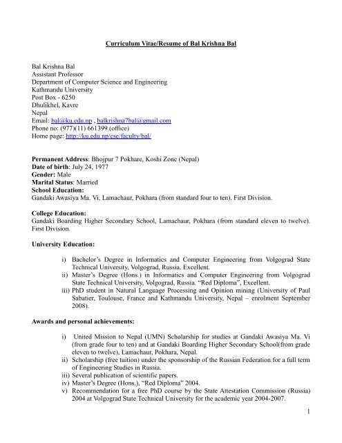 Curriculum Vitae Resume Kathmandu University