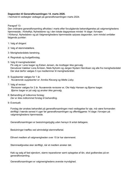 Dagsorden til generalforsamlingen marts 2026