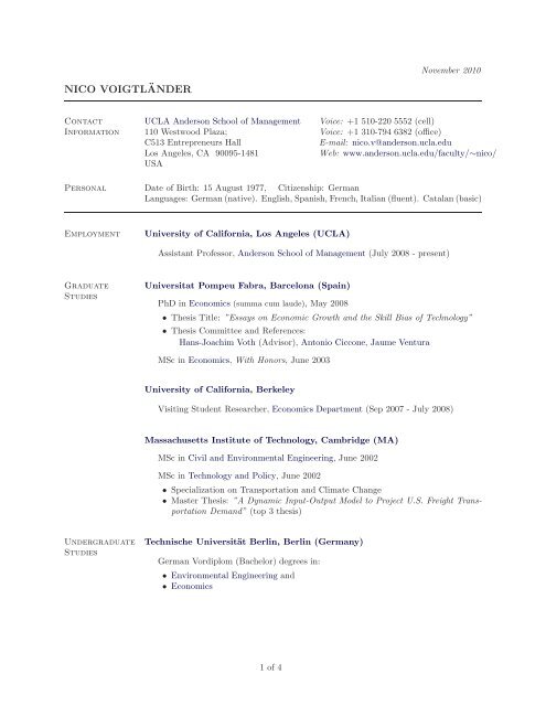 Cv Nico Voigtlaender - Ccpr Working Paper Series - Ucla