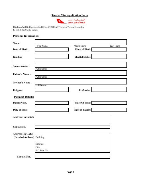 Tourist visa app form - Air Arabia