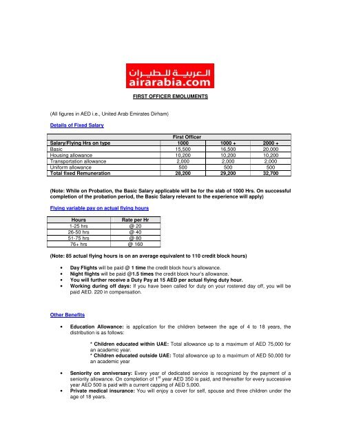 FIRST OFFICER EMOLUMENTS (All figures in AED i.e. ... - Air Arabia