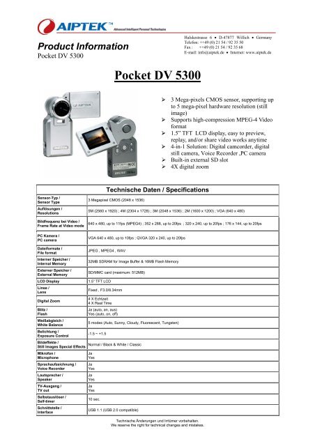 Aiptek Pocket DV5300 Drivers for Windows Driver for Aiptek Pocket DV5300