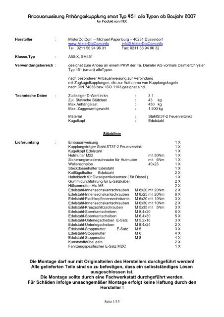 Anbauanweisung Anhängerkupplung smart Typ 451 alle Typen ab ...