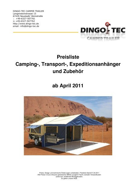 Preisliste Camping-, Transport-, Expeditionsanhänger und Zubehör ...