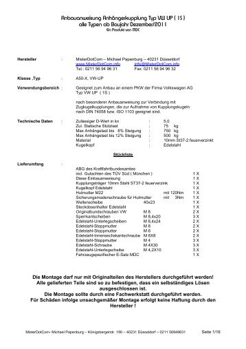 Anbauanweisung Anhängerkupplung Typ VW UP ... - MisterDotCom