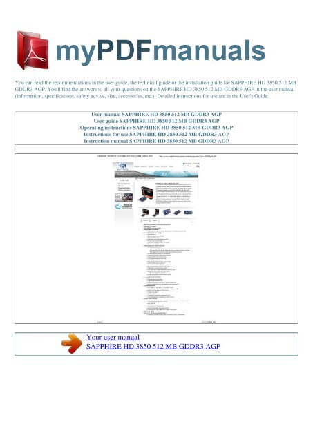 User manual SAPPHIRE HD 3850 512 MB GDDR3 AGP