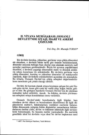 II. VİYANA MUHASARASI: OSMANLı DEVLETİ'NDE sİ)' AŞı, İDARI ...
