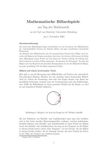 Mathematische Billardspiele - Tag der Mathematik - Carl von ...