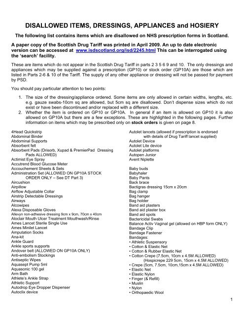 DISALLOWED ITEMS, DRESSINGS, APPLIANCES and HOSIERY