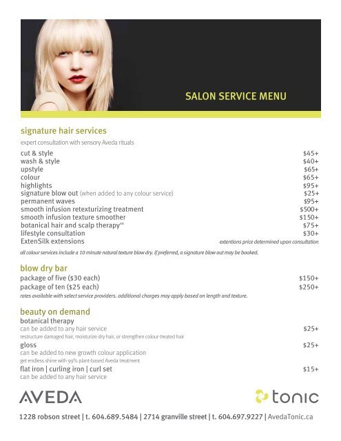 Salon Service menu - Tonic Aveda Salon Service menu - Tonic Aveda
