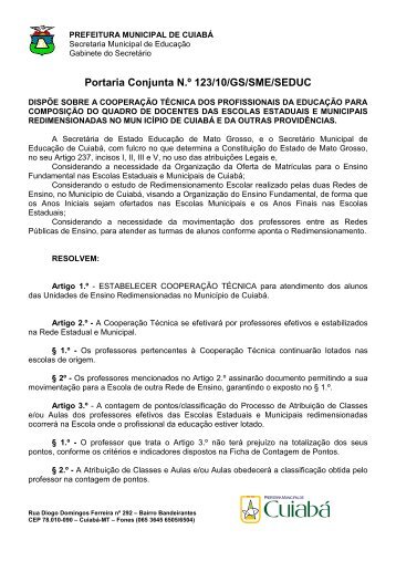 Portaria Conjunta N.º 123/10/GS/SME/SEDUC - Prefeitura de Cuiabá