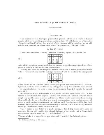 THE 15-PUZZLE (AND RUBIK'S CUBE) 1. Introduction This handout ...