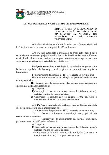 lei complementar n° 206 de 12 de - Prefeitura de Cuiabá