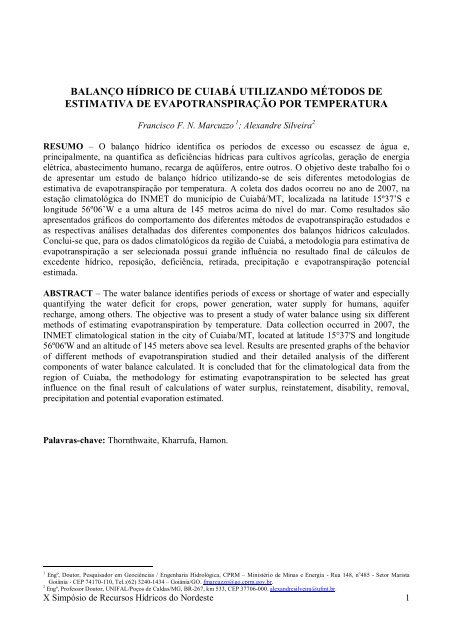 Balanço hídrico de Cuiabá utilizando métodos de estimativa - CPRM