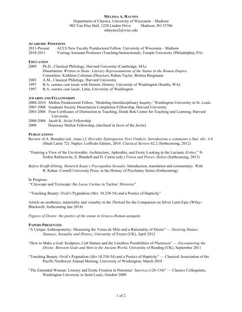 Melissa Haynes - Department of Classics - University of Wisconsin ...