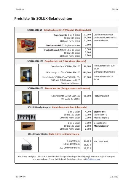 Preisliste für SOLUX Solarleuchten - SOLUX eV