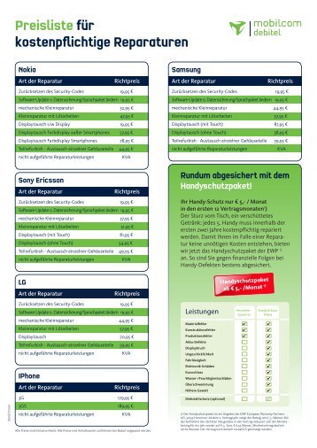 Preisliste für kostenpflichtige Reparaturen - Mobilcom-Debitel