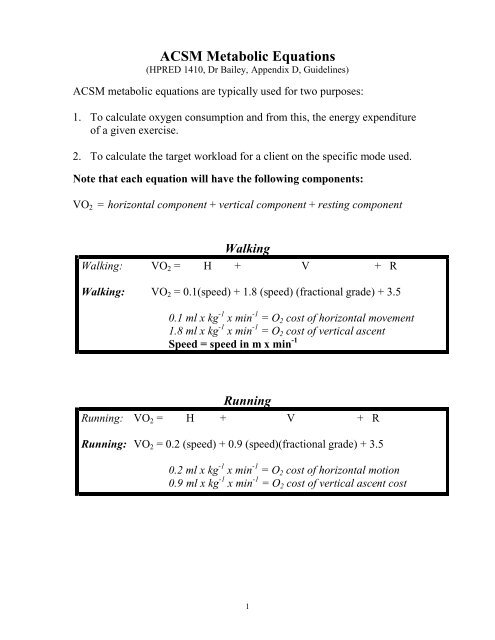 ACSM Metabolic Equations - blue