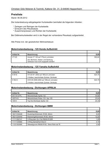 Preisliste komplett - Gölz- Motoren und Tuning